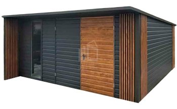 Zahradní domek 5x4m - Dvoukřídlá vrata - okno - světlý ořech - imitace dřeva - antracit - střecha spád dozadu - okapy TS1206
