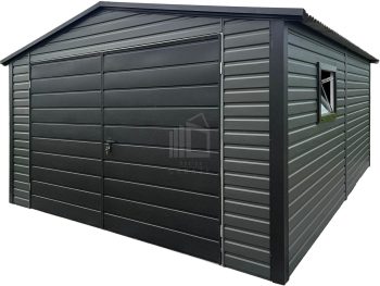 Plechová garáž 8x8 m + přístřešek 2 m – sekční vrata – dveře – 4x okno – antracit – okapy – sedlová střecha ID1066 (Kopia)