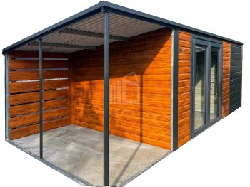 Zahradní domek 4x3m - přístřešek 1,5m - dveře - dveře PCV - zlatý dub - Imitace dřeva - antracit - spád dozadu TS1214