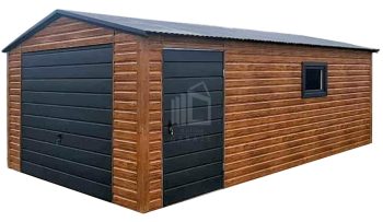 Plechova garáž 4x6m - výklopná vrata - dveře - okno - světlý ořech - Imitace dřeva - střecha sedlová TS1193