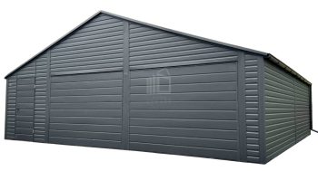 Plechova garáž 8x6m - 2 x výklopná vrata - dveře - zvýšený vrchol - antracit - střecha sedlová - okapy TS1195