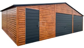 Plechova garáž 9x6m – 2 x výklopná vrata – dveře – světlý ořech – Imitace dřeva – antracit – střecha sedlová TS1196