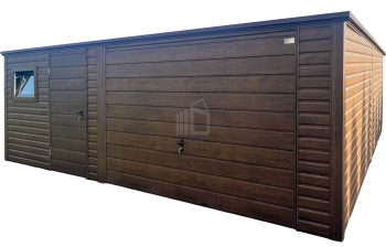 Plechova garáž 5,5x6m - výklopná vrata - dveře - okno - tmavý ořech - Imitace dřeva - spád dozadu TS1197