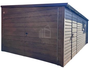 Plechova garáž 3,5x5m - Dvoukřídlá vrata - dveře - okno - tmavý ořech - Imitace dřeva - střecha bočni spád TS1187