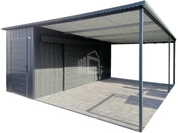 Zahradní domek 1,7x5 + přístřešek 3,3m - 2x dveře - dveře - norská borovice - imitace dřeva - spád dozadu TS1241
