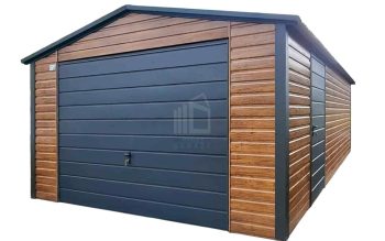 Plechova garáž 4,5x6 m - výklopná vrata - dveře - světlý ořech - Imitace dřeva - střecha sedlová ID1165